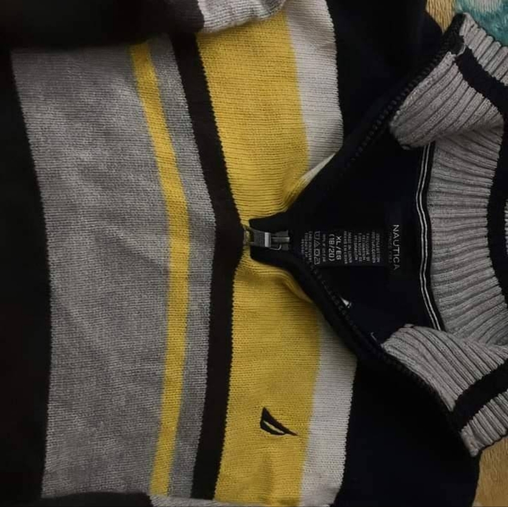 A zip up crew neck; yellow,gray,white; Nautica